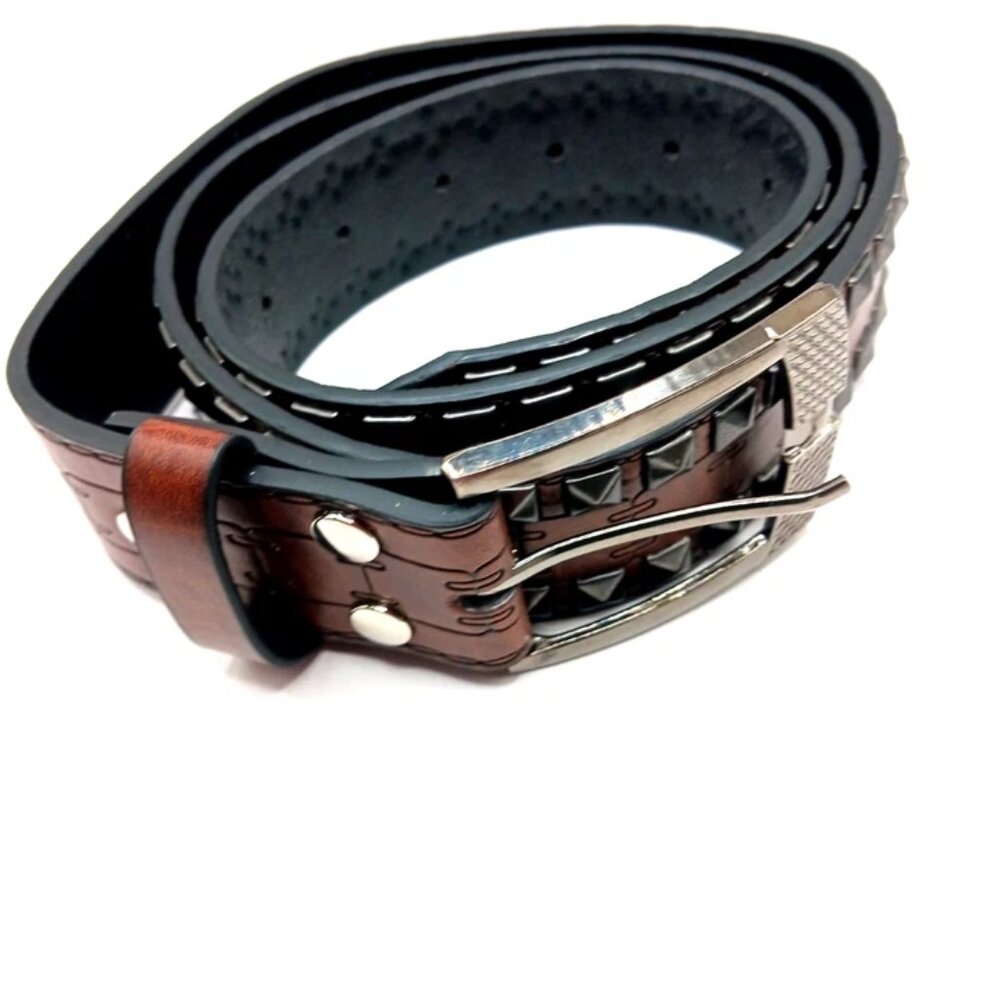Double Row Studded Leather Belt Brown New